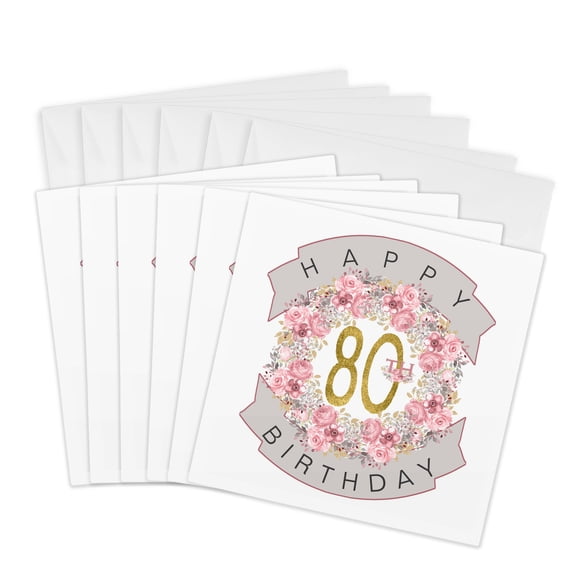 3drose, Pretty Pink Floral Wreath Happy 80th Birthday, 6 Greeting Cards with Envelopes