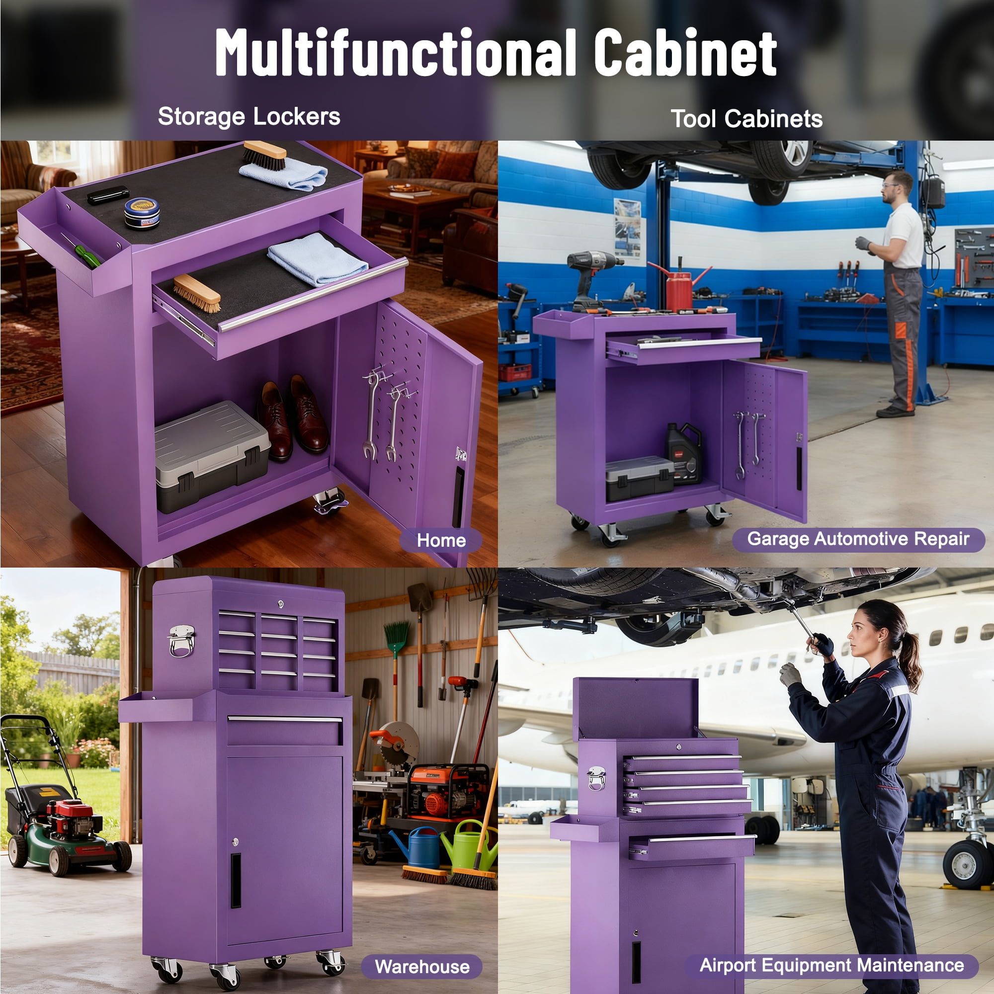 5-Drawer Tool Box, Enyopro Rolling Tool Chest, Stainless Steel Tool Box with Brake Wheels and 4 Drawers, Detachable Tool Cart, Purple