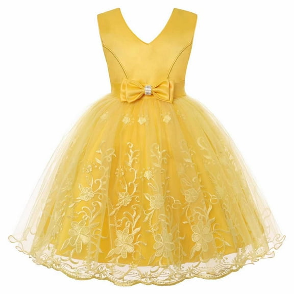 Girls Dresses Wedding Pageant Embraoidered Princess Skirt Lace Lace Performance Dress Christmas Flower Lace Bridesmaid Dress Long Yellow Elegant Kids Outfits 3 Years-4 Years