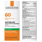 La Roche-Posay Anthelios Clear Skin Dry Touch Facial Sunscreen SPF 60 Oil-Free for All Skin Types,1.7 fl oz