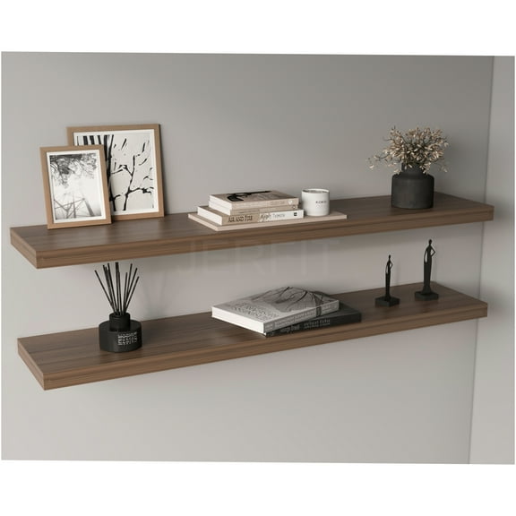 JERFIT 47 Inch Floating Shelves Set of 2, Light Brown Wall Shelves for Bathroom, Bedroom & Living Room, Easy Mount Decor Storage Shelves