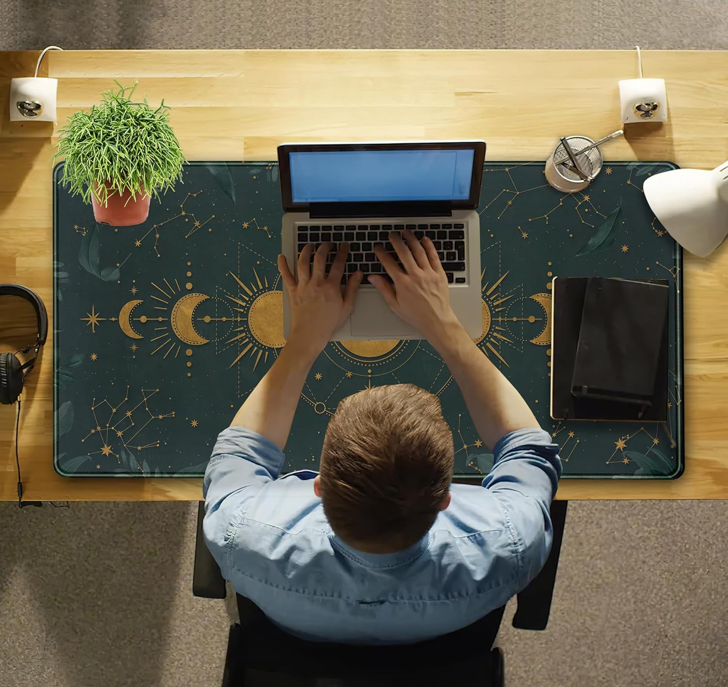 Mousepad Forest Green XXL Desk Mat Gold Moon Phases Large Extended Mouse Pad Gaming Laptop Keyboard and Mouse Mat Desk Pad, Non-Slip Rubber Base with Stitched Edges, 31.5x15.75 in