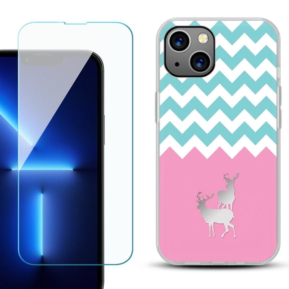 Slim-Fit TPU Phone Case for iPhone 14 Plus, with Tempered Glass Screen Protector, by OneToughShield ® - Chevron/Teal/Deer