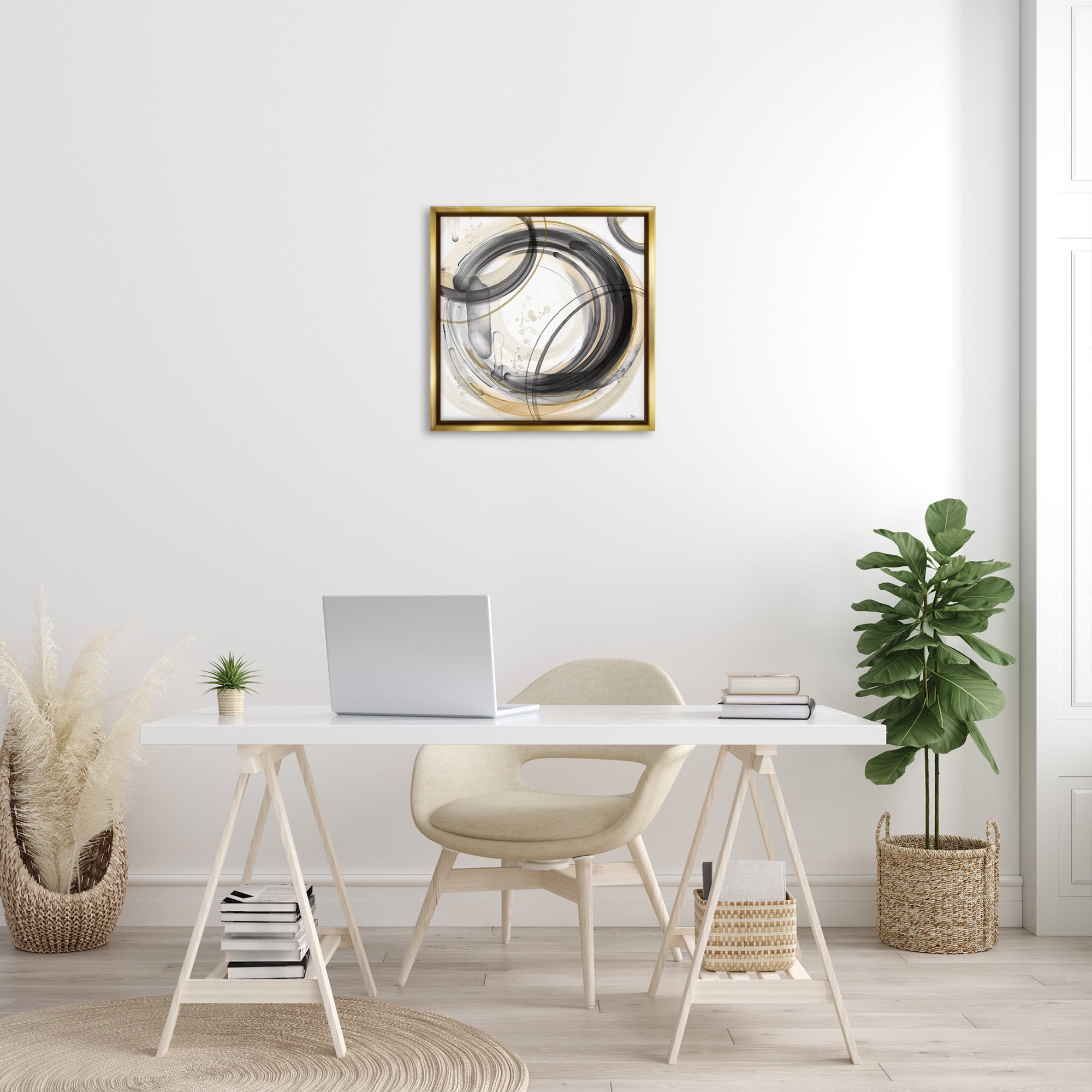 Stupell Industries Neutral Concentric Circles Abstract Painting Gold Floater Framed Canvas Art Print Wall Art, 25 x 25
