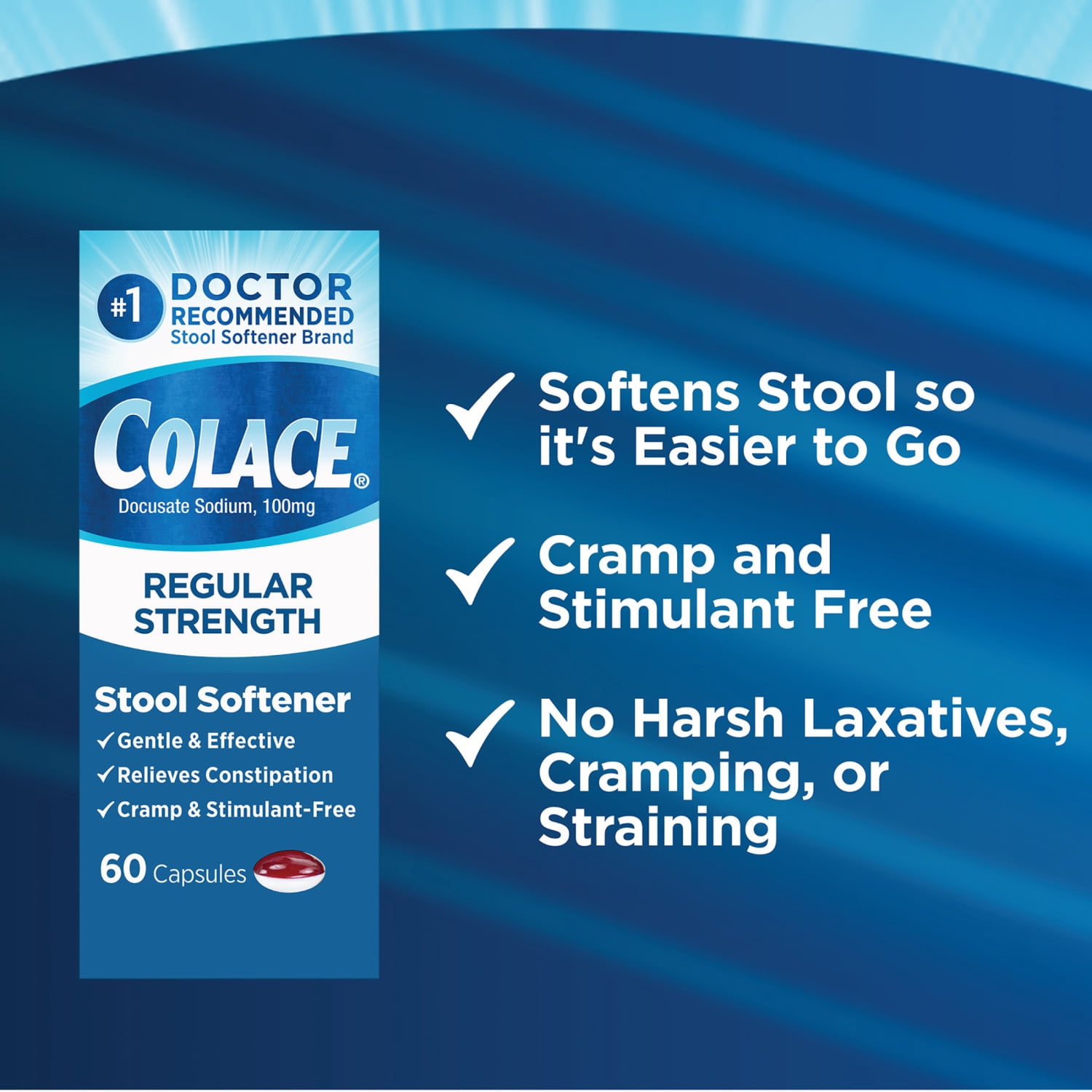 Colace Stool Softener Constipation Relief, 100 mg, 60 Capsules