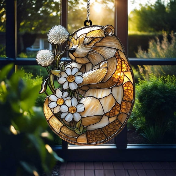 Sleeping Otter Acrylic Suncatcher fullxfull Cute Forest Animal with Daisies and Yellow Flowers, Cozy Window Decor for Nature or Nursery Gift