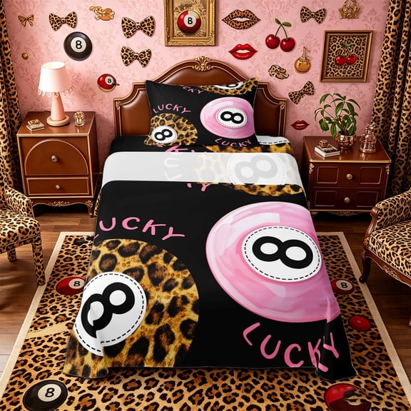 Castle Fairy Vintage Billiards Twin Sheets 3pcs, Leopard Print Billiards Bedding, Pink Brown Black,1 Fitted Sheet, 1 Flat Sheet and 1 Pillowcase