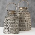 thumbnail image 2 of Grand Tour Temple Bell Lanterns, Set of 2, Hurricanes, Distressed Gold, Weathered, White Gray Patina, Iron, 10 1/4 and 8 1/4 Diameter Inches, Inner Floating Candle Holder and Glass, Loop Handles, 2 of 7