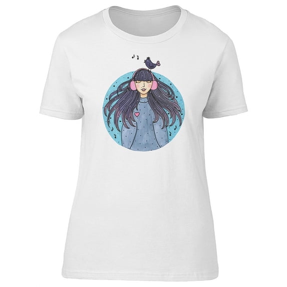 Cute Girl Hair In Headphones T-Shirt Women -Image by Shutterstock, Female Small