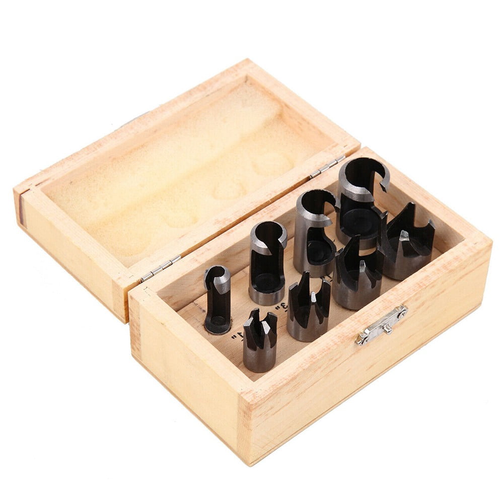 8Pc Wood Plug Hole Cutter Set Dowel Maker Tool Shank Drill Bits In Wooden Case Smile Home