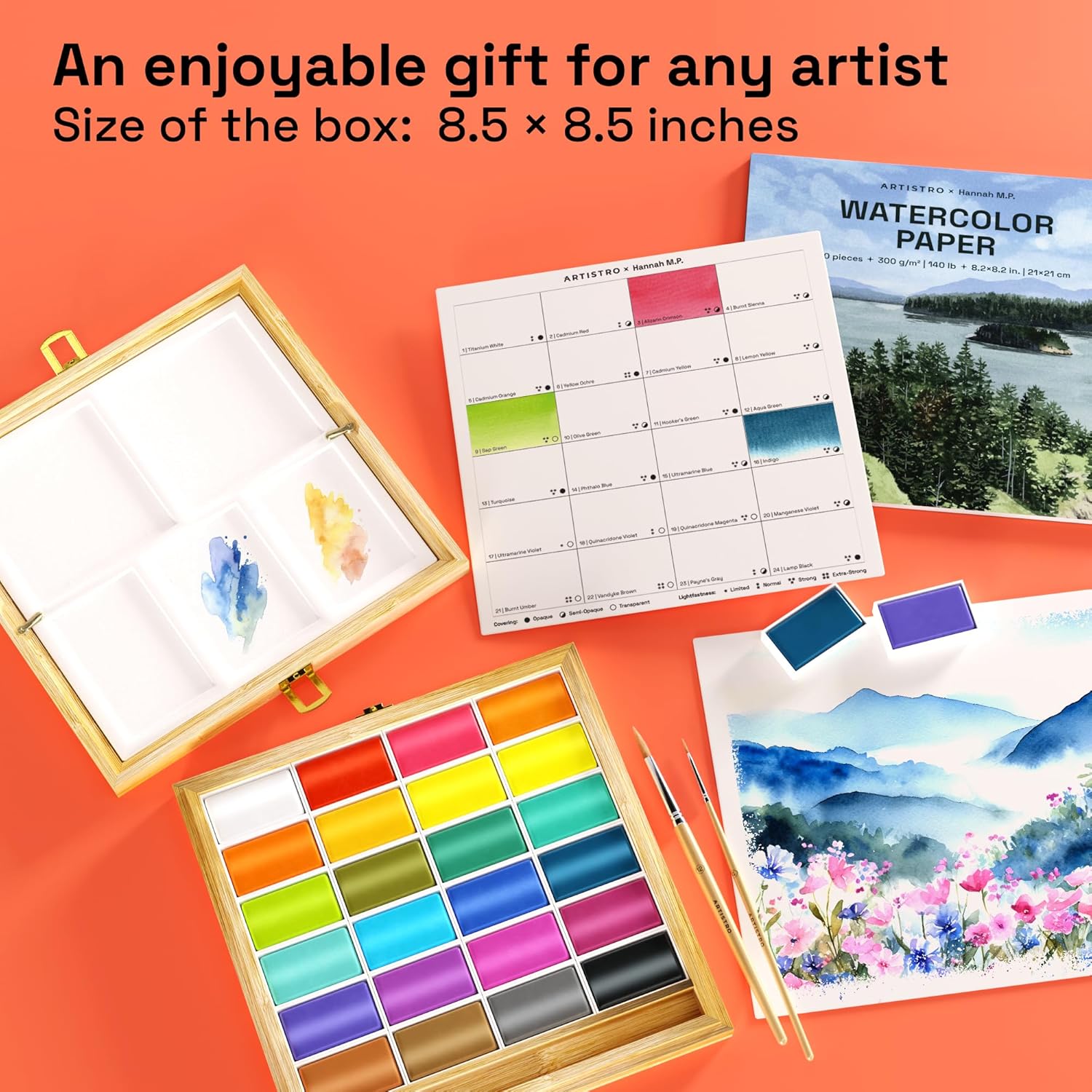 ARTISTRO x HANNAH M.P Professional Watercolor Paint Set Limited Edition with 24 colors in Bamboo Wooden Box (6ml XL Pans) - 2 Brushes, Watercolor Paper, Mixing Tray - Watercolor Set for Professionals
