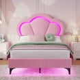 thumbnail image 3 of Twin Size Girl Bed with LED Lights Princess Velvet Upholstered Platform Bed for Girls, Twin Size Bed Frame with Adjustable Tufted Headboard, Pink, 3 of 10