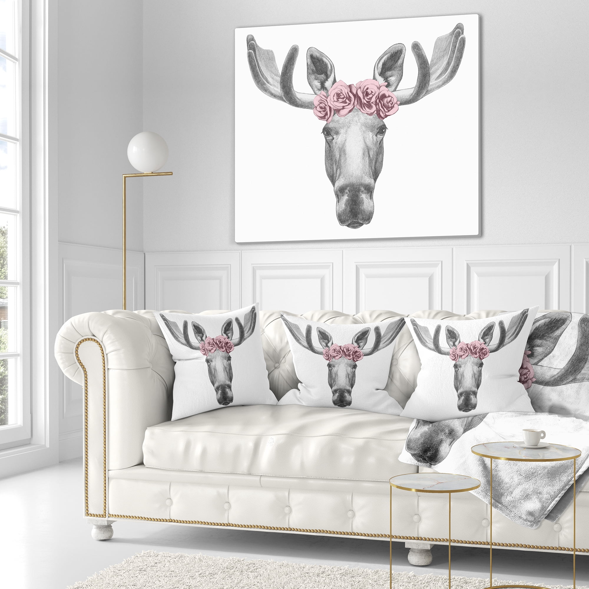 Designart Moose with Floral Head Wreath - Moose Throw Pillow - 18x18