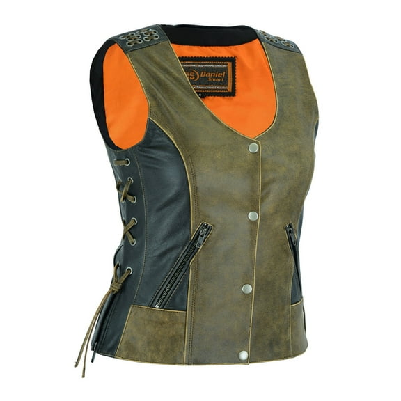 Daniel Smart XS to 3XL Black/Brown Women Leather Vest Premium Leather Vest for Biker Ladies - Side Laces
