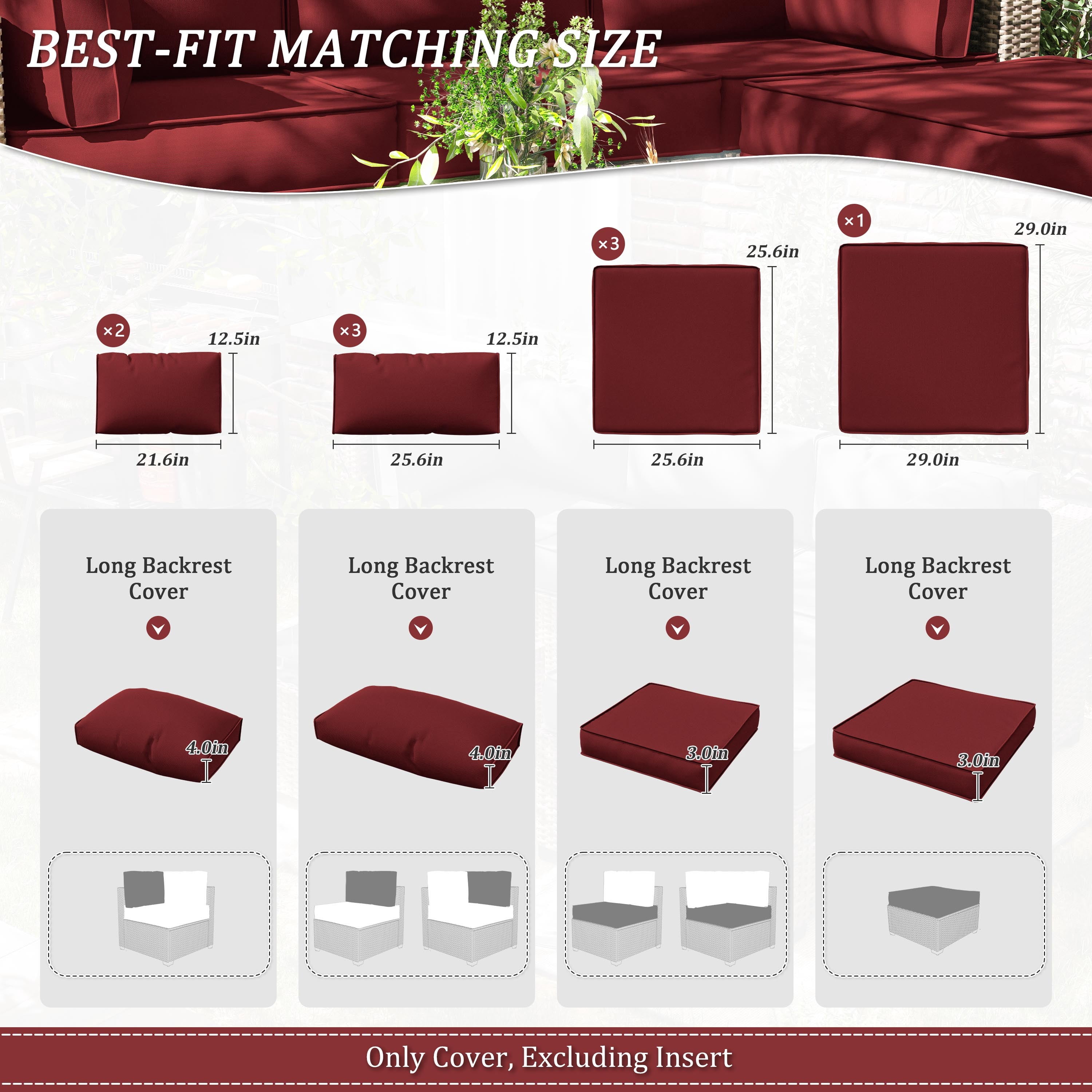 Pakunoda 9Pcs Outdoor Cushion Covers for Patio Furniture, Washable Reusable Outdoor Slipcovers for Cushions Replacement Cover with Zipper for Sofa Couch, Cover Only, Burgundy