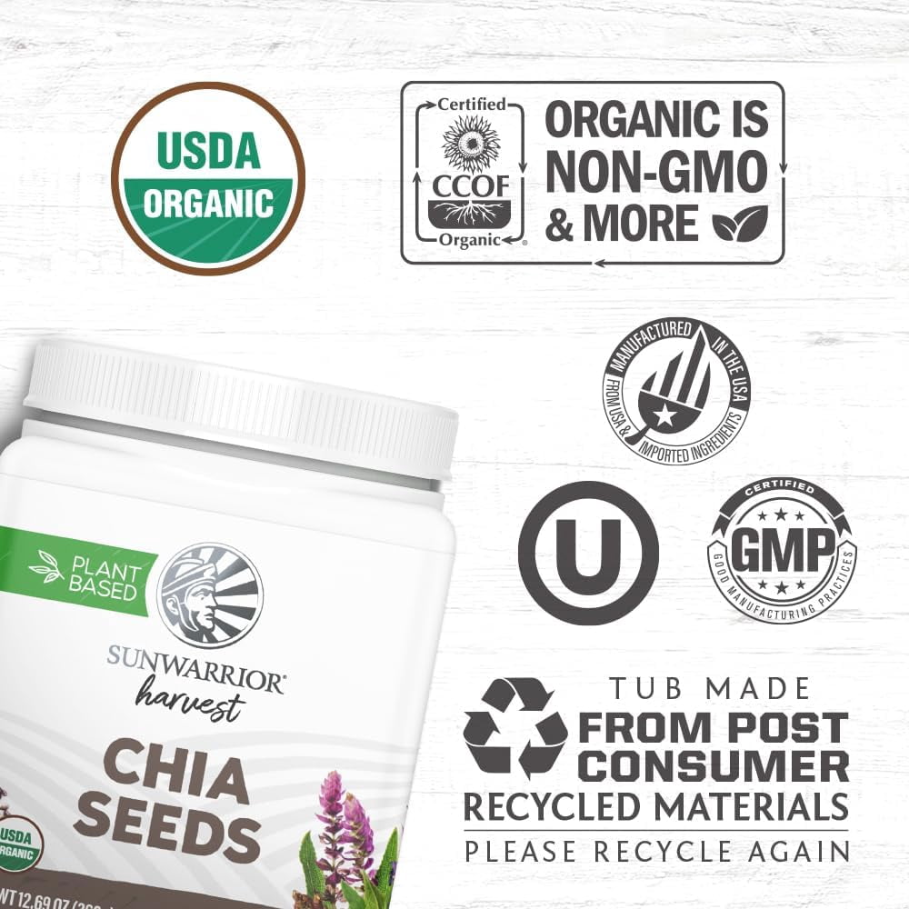 (2 pack) Sunwarrior Organic Chia Seeds, Non-GMO, Keto, Vegan, Superfood, 360g Tub (30 Servings)