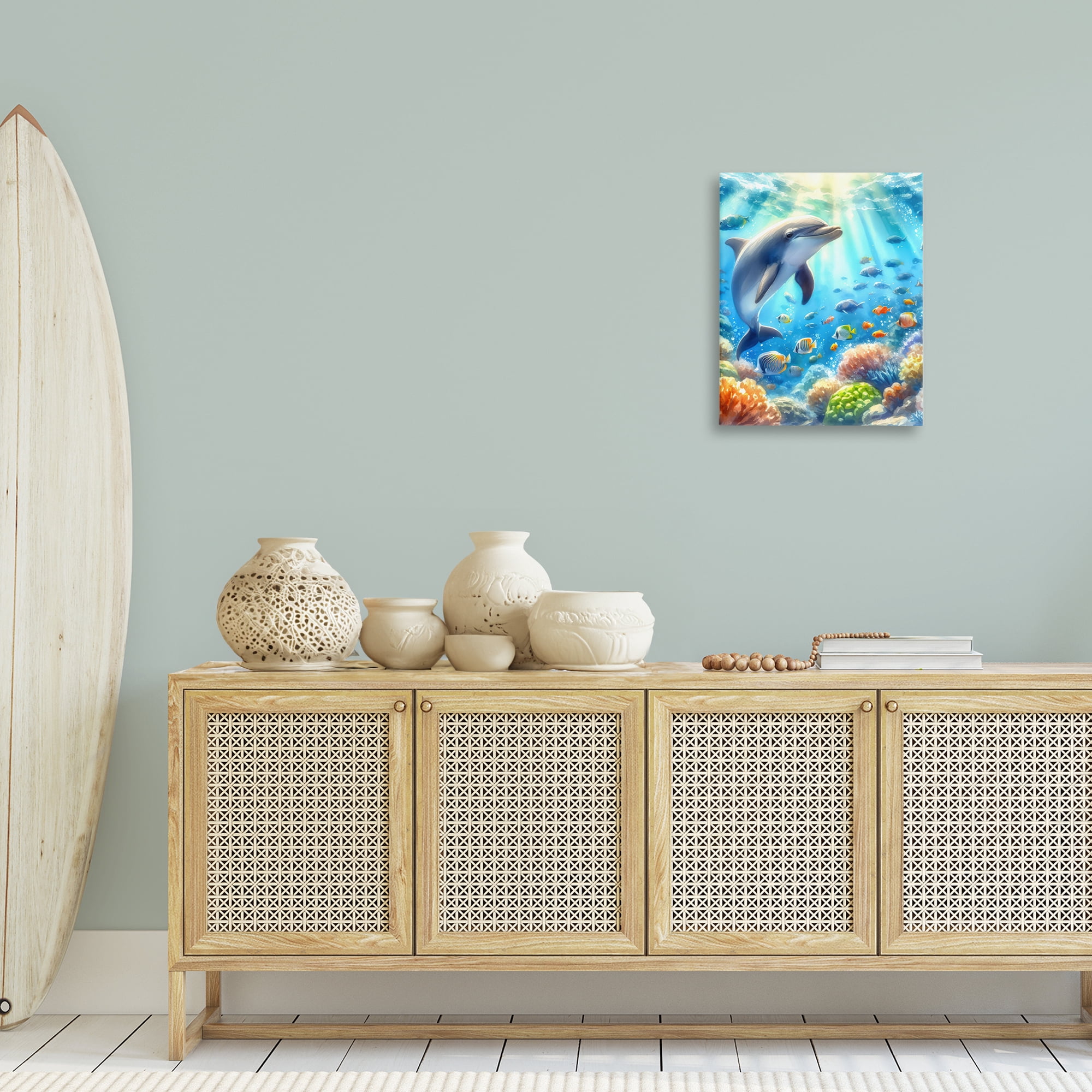 Stupell Industries Smiling Dolphin Under Sea Nautical & Beach Painting Wrapped Canvas Art Print Wall Art, 16 x 20