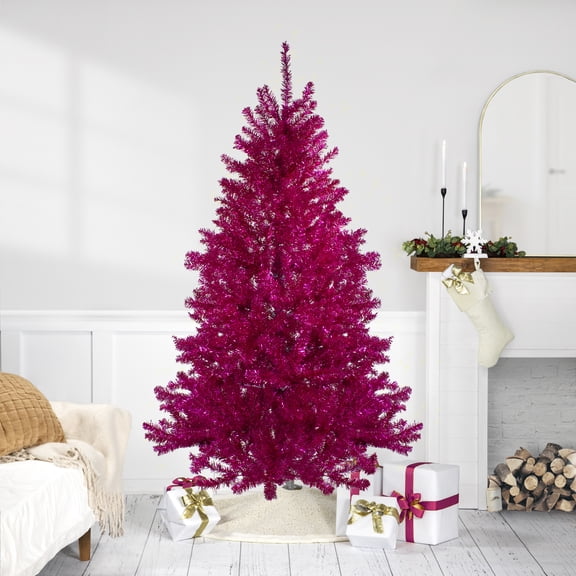 Northlight Metallic Tinsel Artificial Christmas Tree - 7' - Dark Pink - Unlit