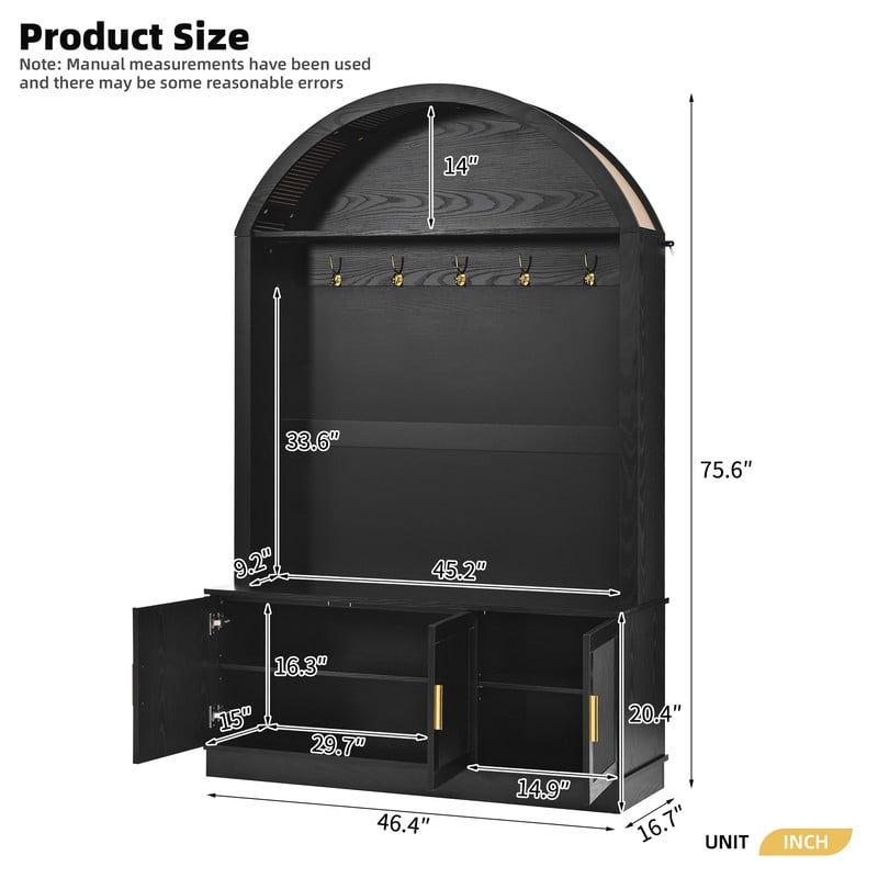 Farmhouse Fabric Arched Top Hall Tree with Bench,5 Metal Hooks, Adjustable Shelves, Fluted Door Storage Cabinet, Mid-Century Entryway Organizer for Mudroom, Hallway,Black