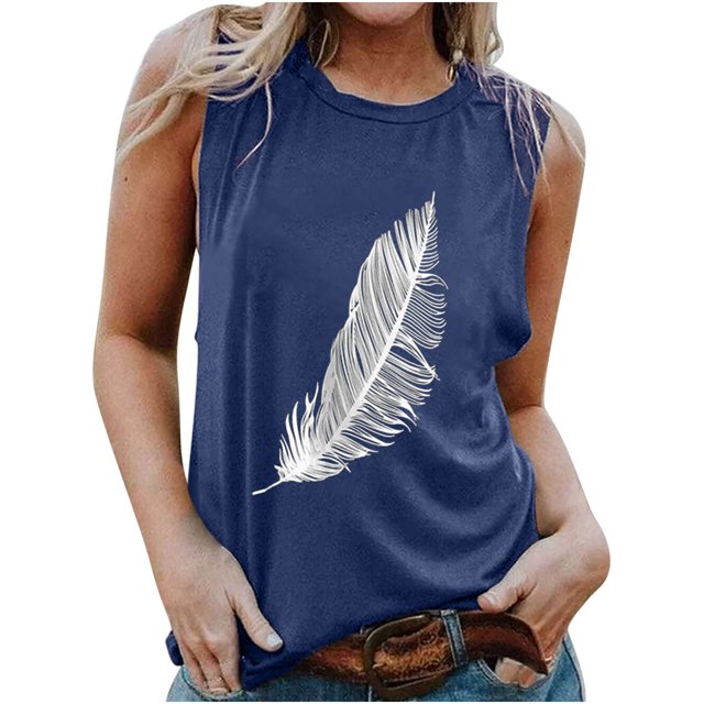 Camiseta sin mangas con estampado de plumas para mujer, blusa sin mangas gráfica divertida para playa de verano para niñas adultas Pompotops lopia991187