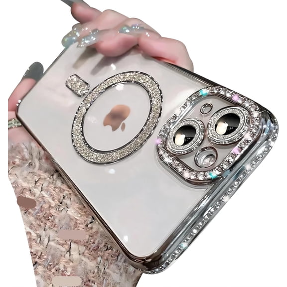 MYKOMI Magnetic Glitter Diamond for iPhone 14 Pro Max Case[Compatible with MagSafe] Sparkle Rhinestone Camera Lens Protector Plated,Crtstal Clear Slim Military Drop Shockproof Cover for Women