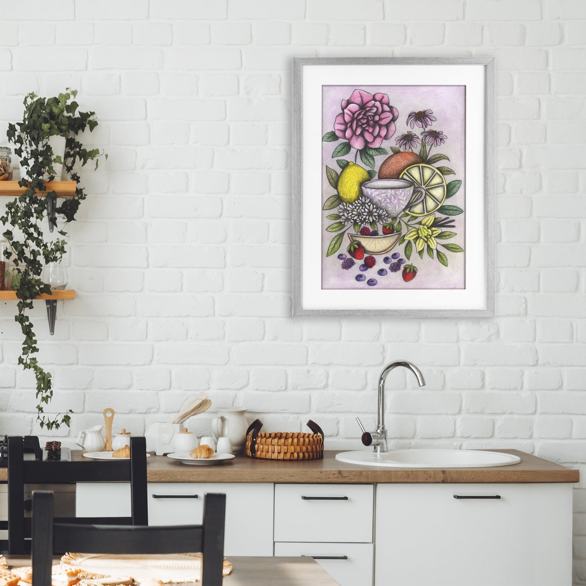 Rococo Tea with Fruits Gray Framed Print Under Glass, design by Cecilia Battaini