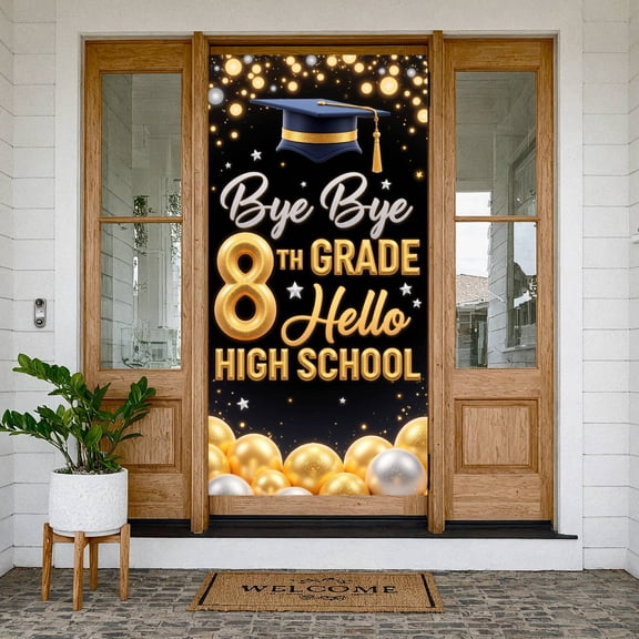 Golden Theme 8th Grade Graduation Banner Silver Star Middle School Graduation Display Mortarboard Design Balloon Decoration High School Transition Backdrop for 8th Grade Graduation Middle School
