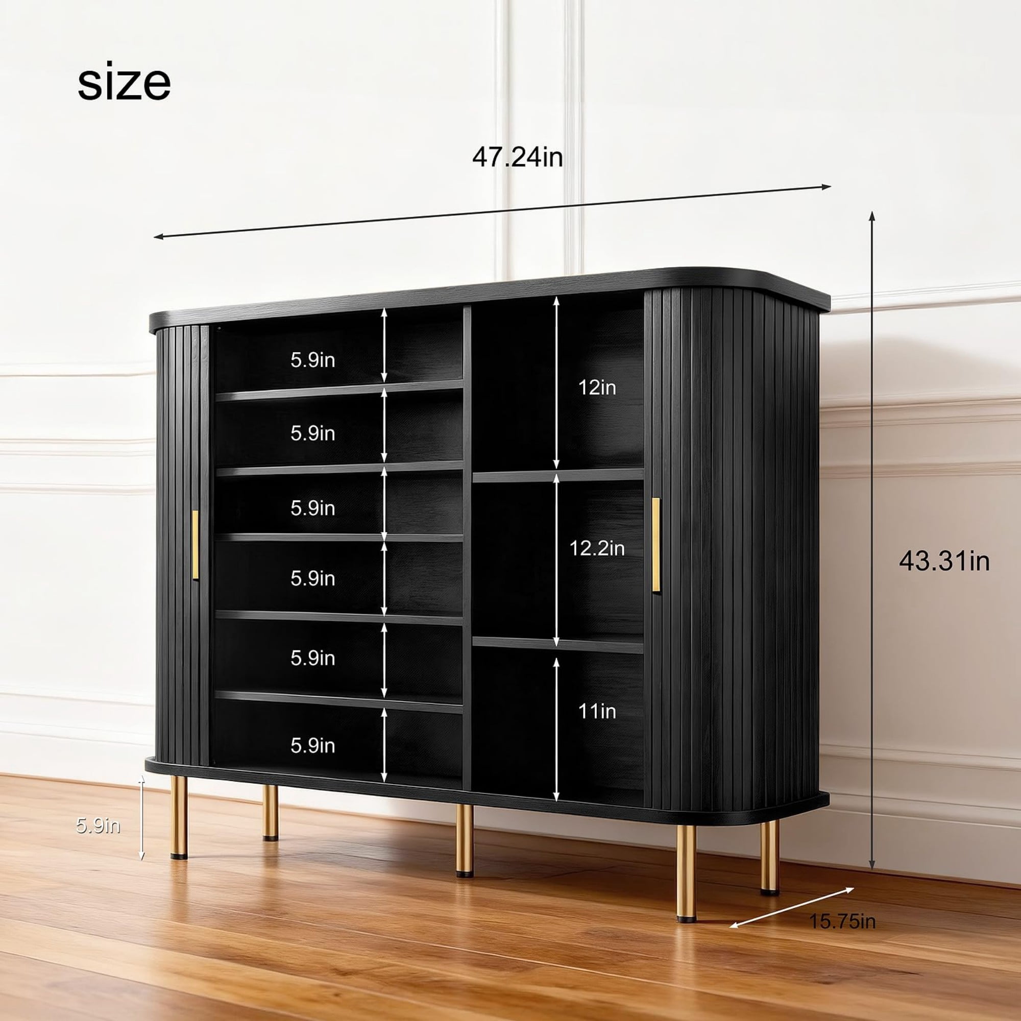 47.24"W Shoe Storage Cabinet with Sliding Door, 6 Tier Adjustable Shoe Rack, Mid Century Modern Entryway Organizer, Black