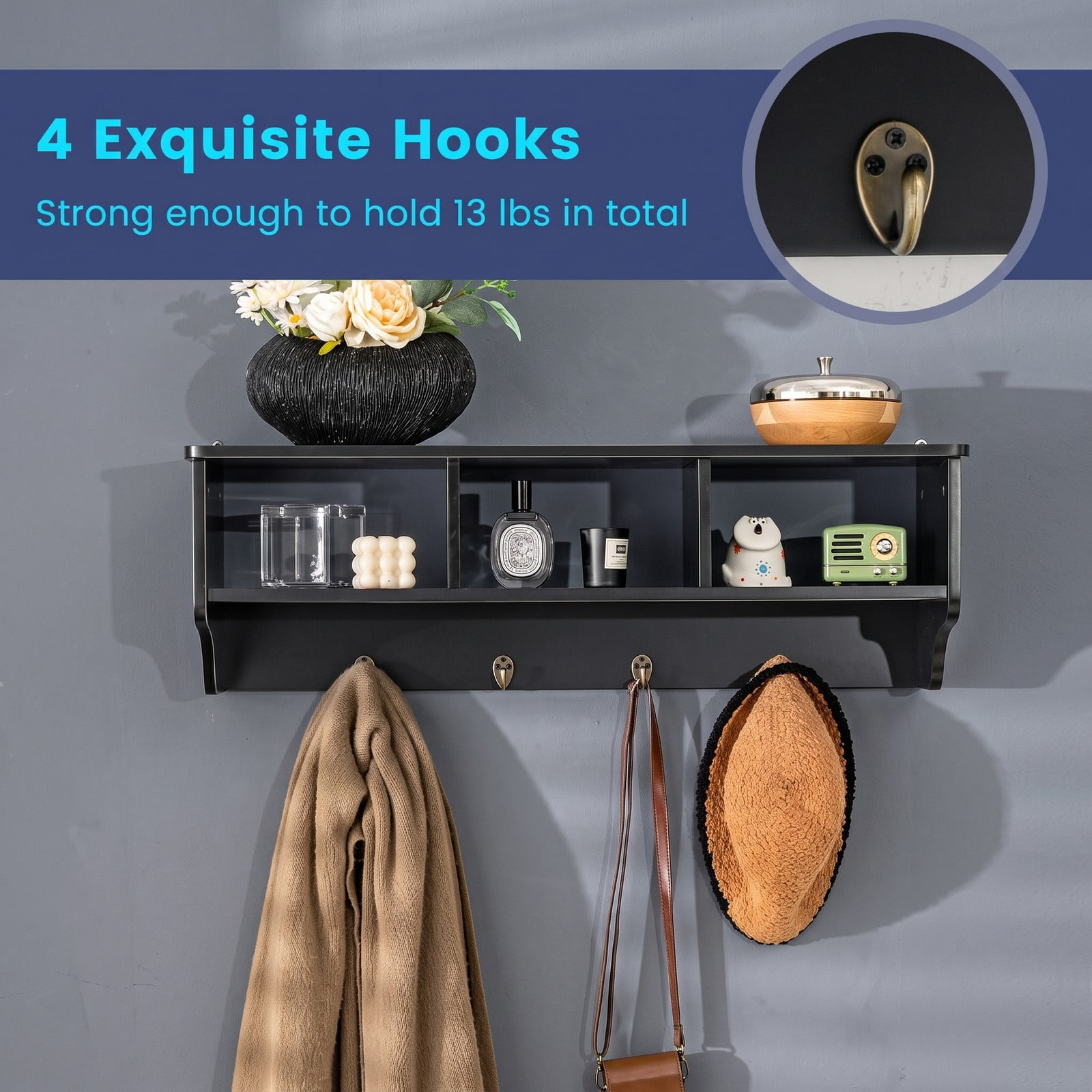 Furnibear Wall Mounted Coat and Hat Rack with Cubby Storage Shelf and 4 Hooks for Entryway Living Room and Bathroom, Black