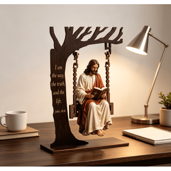Scripture Engraved Wooden Jesus Swing Tabletop Statue, Hand Painted Resin Christ Figurine, Meaningful Religious Gift for Faith Believers & Housewarming