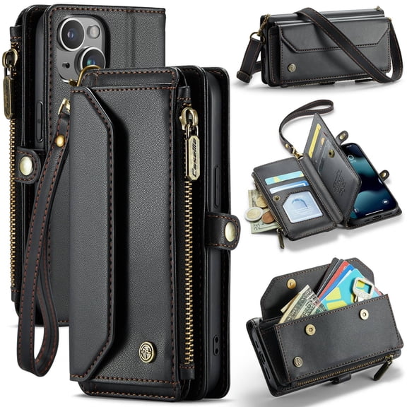 Crossbody for iPhone 13 Mini Case Wallet【RFID Blocking】with 7-Card Holder Zipper Bills Slot, Soft PU Leather Magnetic Shoulder Wrist Strap for iPhone 13 Mini Wallet Case Women
