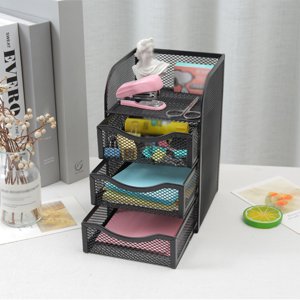 Fufafayo Organisateur de bureau Mesh, 3 Tiroir Papeterie Caddy et Support de fournitures de bureau, Organisateur de bureau en métal pour stylos, crayons et accessoires, pour la maison, l'étude ou le bureau, Modern Mesh Design