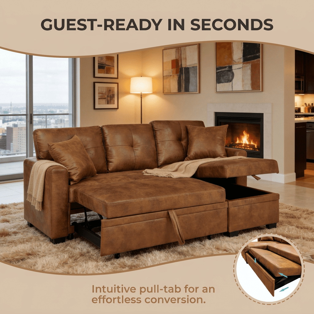 TIRAMISUBEST 77" Convertible Sectional Sleeper Sofa with Reversible Storage Chaise & Pull-Out Bed
