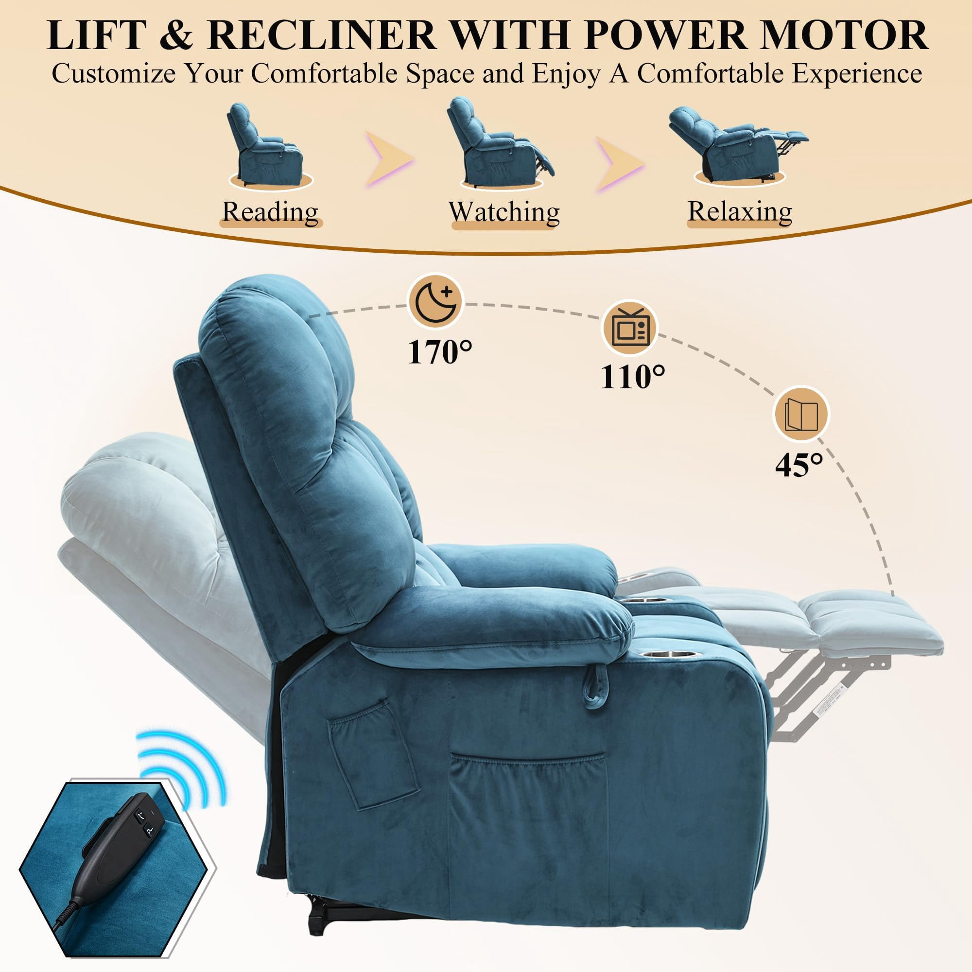 Oversized Power Recliner Chair for Big Man 400 LBS, 25" Extra Wide Electric Lift Chair with Heat and Massage, Cup Holders, Overstuffed Velvet Stand Up Recliner Lift Chairs for Elderly