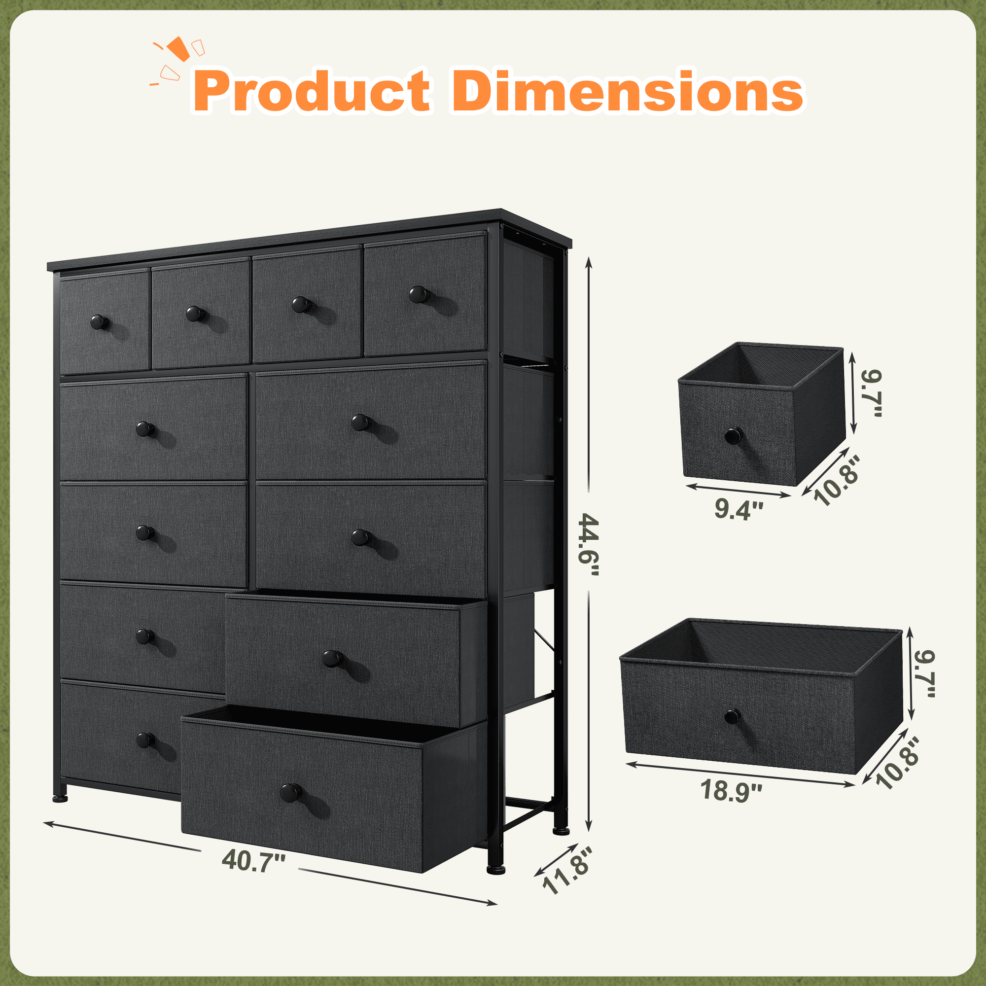 Romorgniz Tall Dresser for Bedroom with 12 Drawers Dresser for Closet Fabric Dressers and Chests of Drawers, Sturdy Metal Frame, Wood Top, Dark Gray