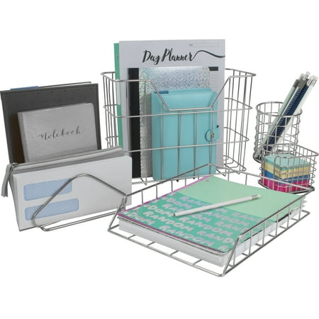 - Wire Metal 5 in 1 Desk Organizer Set - Letter Sorter, Pencil Holder, Stick Note Holder, Hanging File Organizer and Letter Tray, Silver