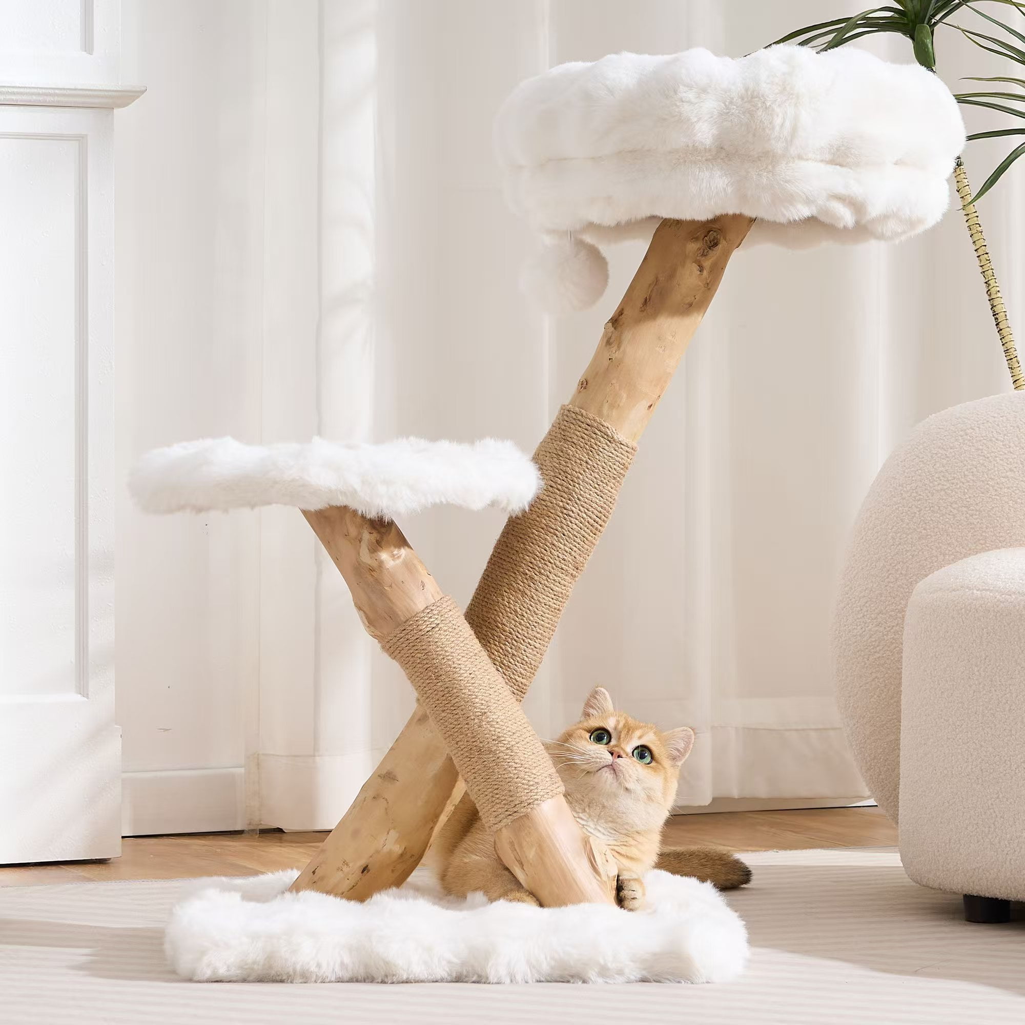 HITTITE Natural Solid Wood Cat Tree Tower with Scratching Post, 32 Inches Tall Modern Cat Tower with Cozy Bed and Platforms, Luxury Real Branch Cat Tree for Indoor Cats Large Adult, White.