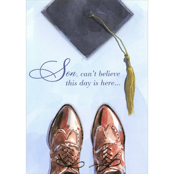 Designer Greetings Son, Can't Believe this Day is Here: 3D Die Cut Cap and 3D Brown Shoes on Light Blue Hand Decorated Graduation Congratulations Card
