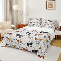 Manfei Farm Animal Horse Queen Sheet Sets,Rustic Farmhouse Horseshoe Flat Sheet,Brown Blue Heart Print Queen Fitted Sheet For Kids,Breathable Home Decor,4 Pieces