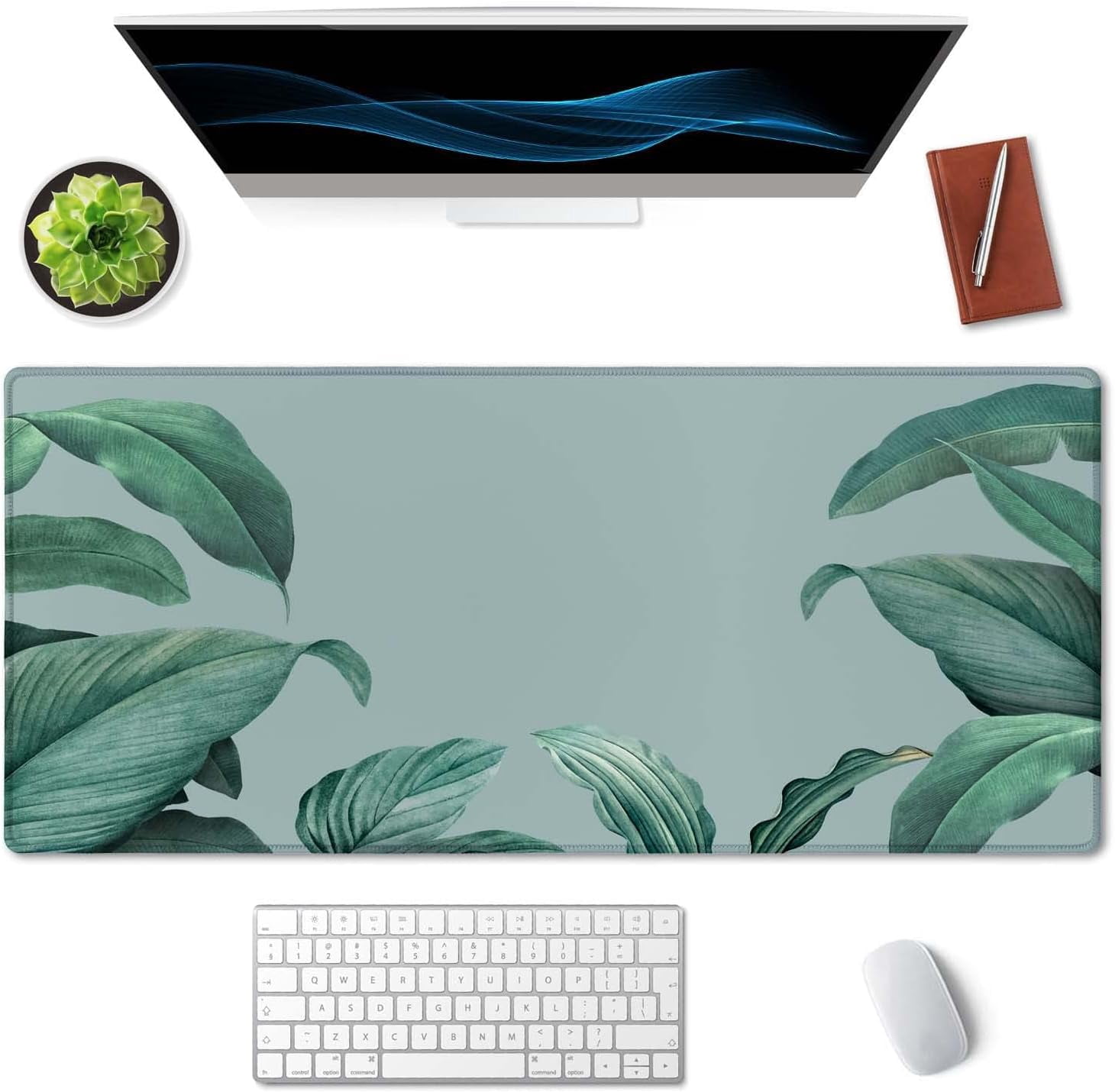 Extended Gaming Mouse Pad - Non-Slip Water-Resistant Rubber Base Computer Keyboard Mouse Mat, 35.5 x 15.7-inch XX-Large Desk Mat, Ideal Partner for Work & Game, Foliage Tropical Leaves