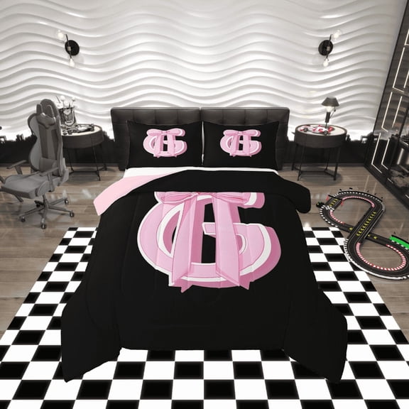 Erosebridal Kawaii Initial Letter Comforter Sets Twin Size, Monogrammed G Comforters & Duvets, Pink Ribbon Cow Reversible Duvet Insert, Ultra Soft Bedroom Decoration, 2pcs
