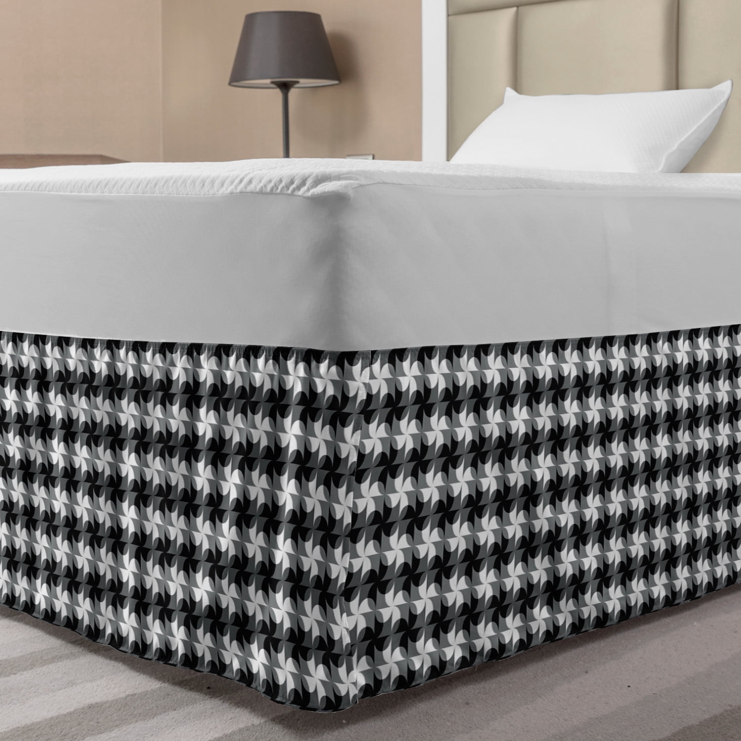 Black and Grey Bed Skirt, Grid of Pinwheel Style Shapes and Circles