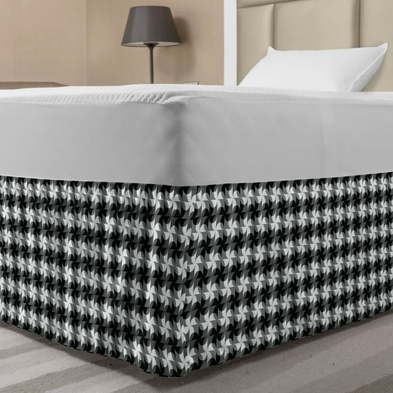 Black and Grey Bed Skirt, Grid of Pinwheel Style Shapes and Circles Abstract Geometric Pattern, Elastic Bedskirt Dust Ruffle Wrap Around for Bedding Decor, 4 Sizes, Black Grey White, by Ambesonne