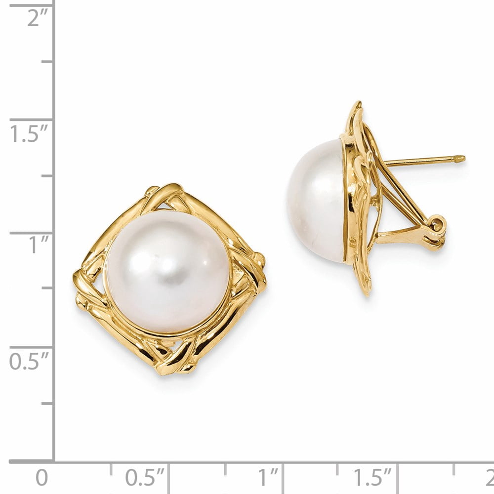 Primal Gold 14 Karat Yellow Gold 13-14mm White Mabe Freshwater Cultured Pearl Omega Back Earrings