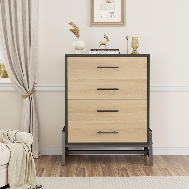 AKDSteel Commode pour Chambre avec Miroir et Rangement, Coiffeuse Multi-Usage à 4 Tiroirs / Armoire de Rangement Style Ferme pour Chambre, Entrée, Salon / Organisateur à Assemblage Facile
