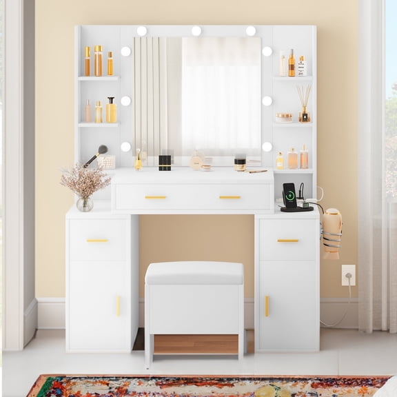 Dextrus Elegant Mirror and Lights Makeup Set with Storage Drawers, White