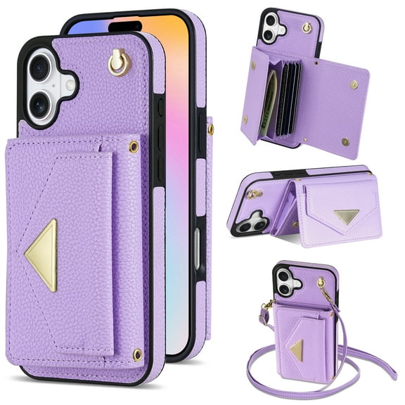 Wallet Case for iPhone 16, with Detachable Lanyard Cards Holder Premium PU Leather Shockproof Flip Cover Stand Anti-Scratch Protective Phone Cover for Apple iPhone 16, Purple