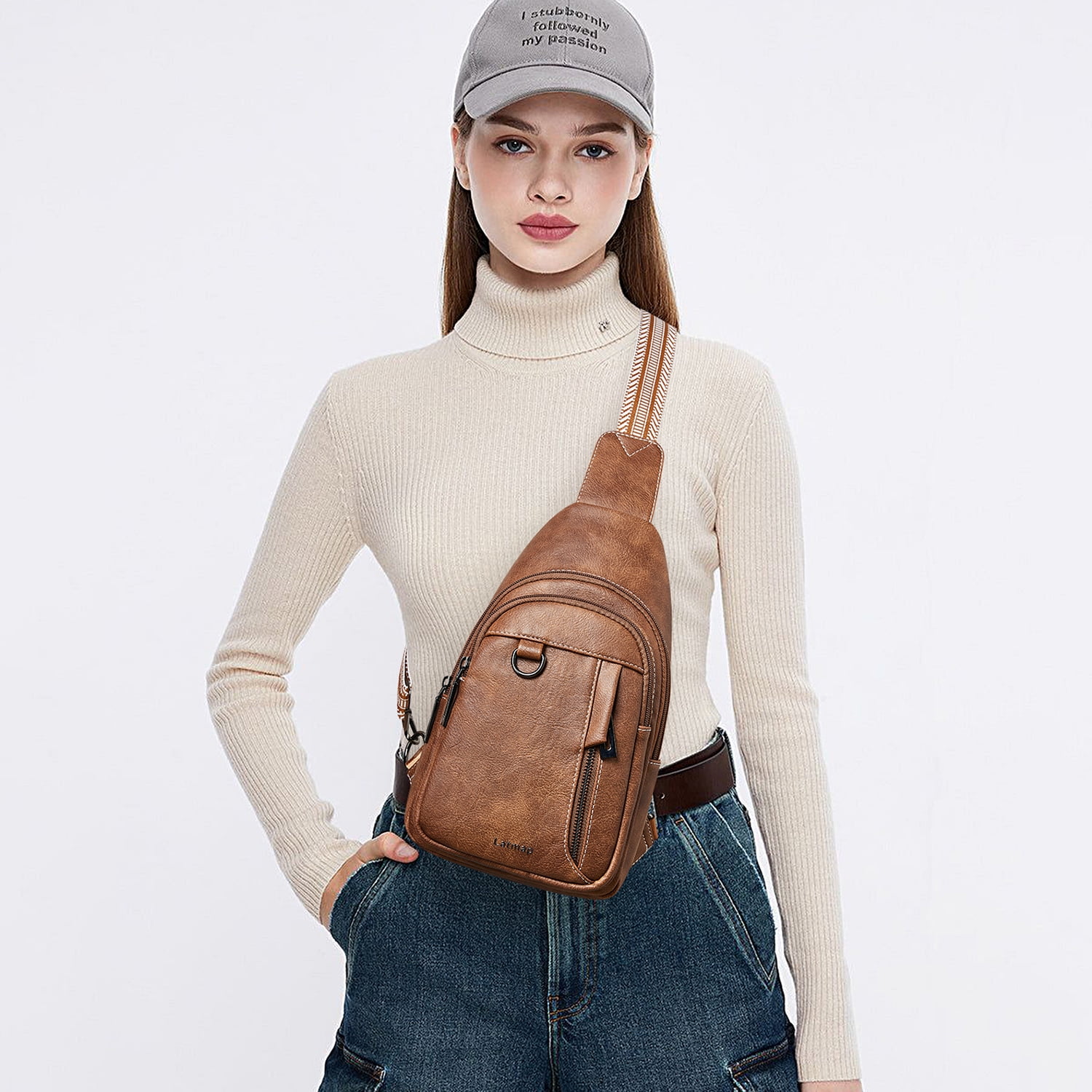 LATMAP  Crossbody Sling Bag for Women & Men, Leather Anti-Theft Hiking Fanny Pack，Brown