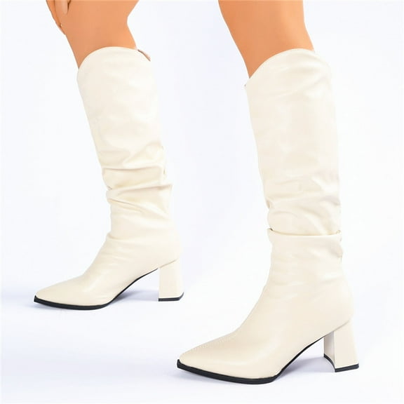 Slouchy Leather Knee High Boots Women High Block Heel Pointed Toe Pull on Fall Winter Mid Calf Booties
