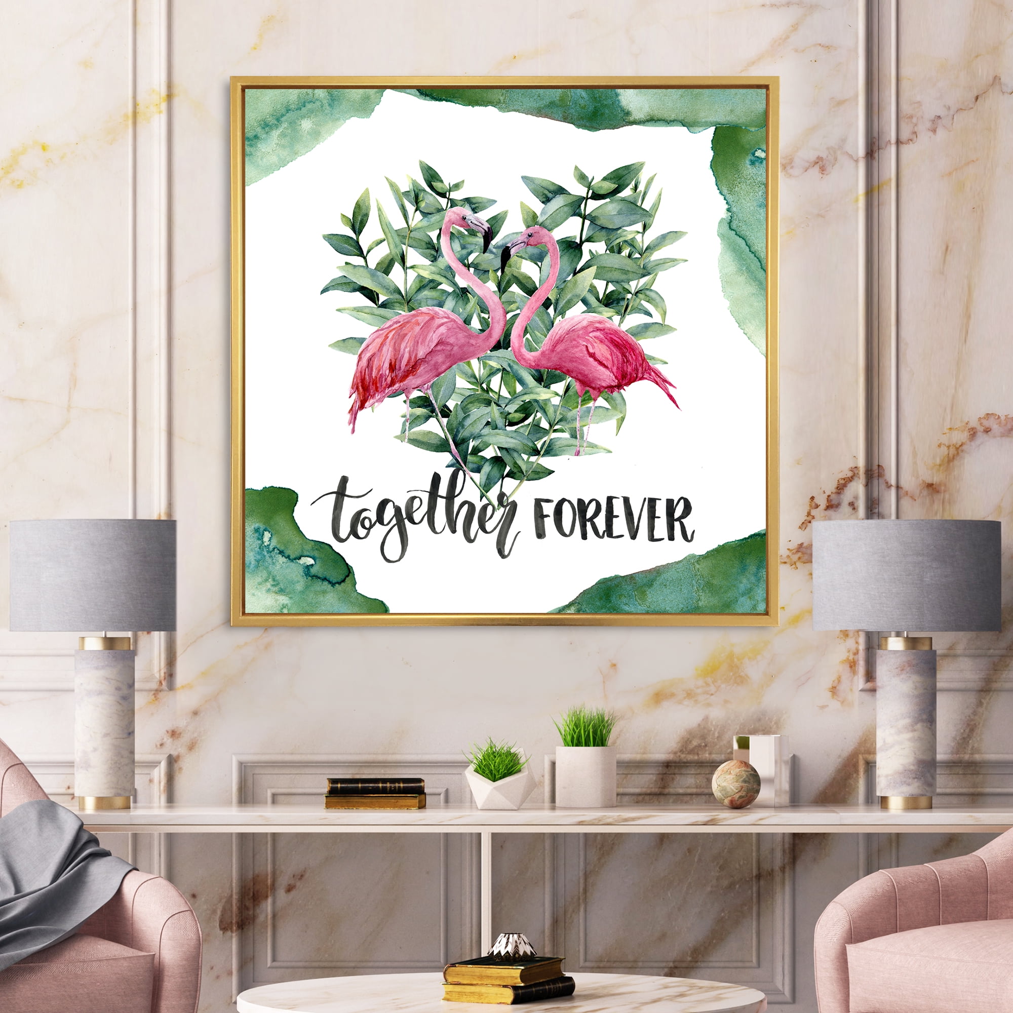 Eucalyptus Leaves With Flamingo Floral Heart 36 in x 36 in Framed Painting Canvas Art Print, by Designart